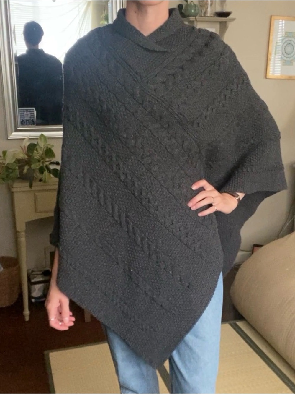 Aran Crafts Irish Merino Wool Cable-Knit Poncho in Charcoal
